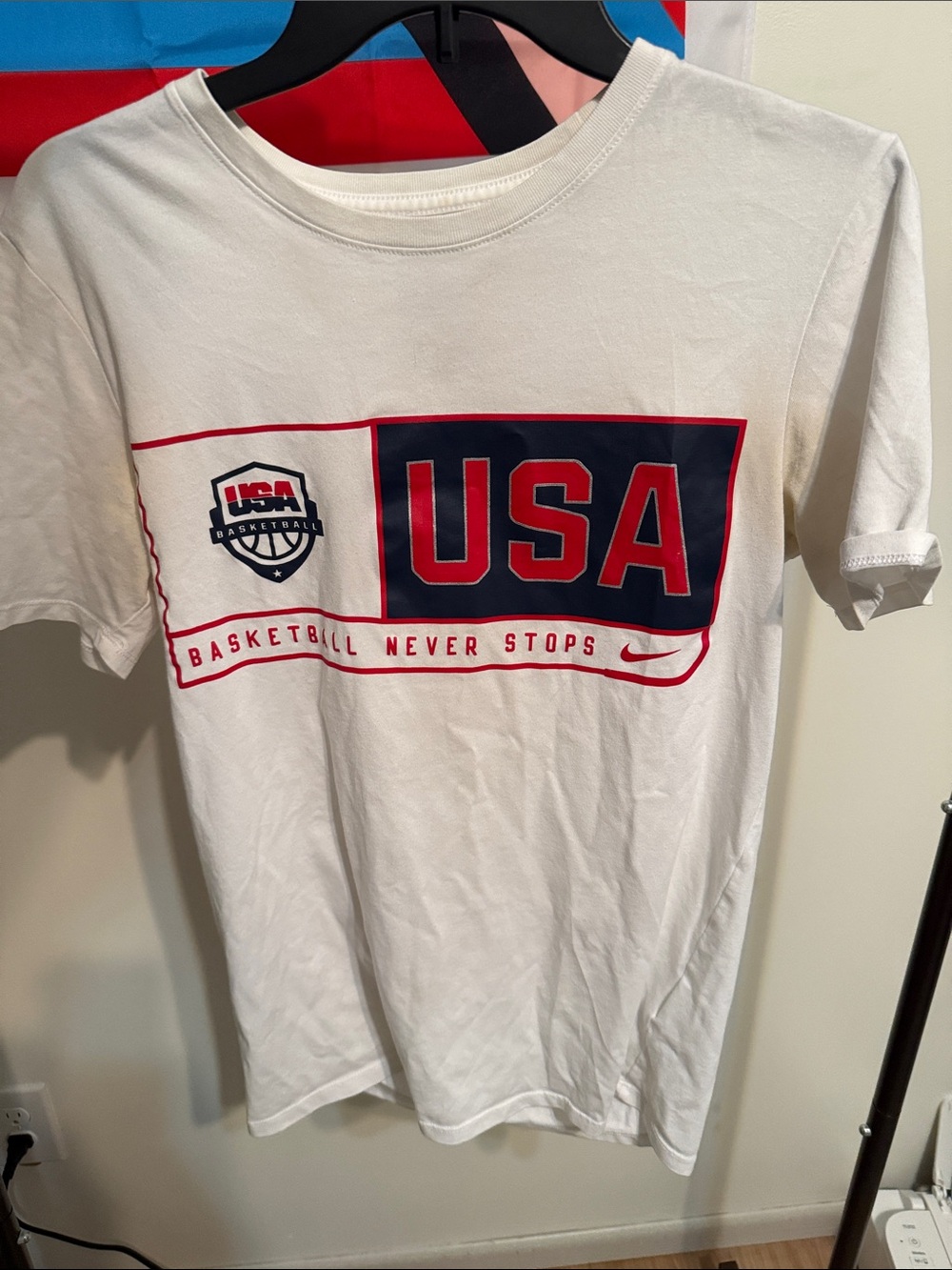 Nike White USA Basketball Graphic Tee with Red & Navy Print